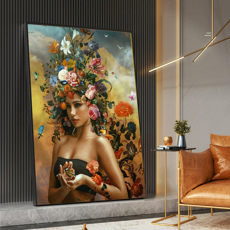 Tableau Femme & Fleurs : Déco Murale Colorée Art Floral