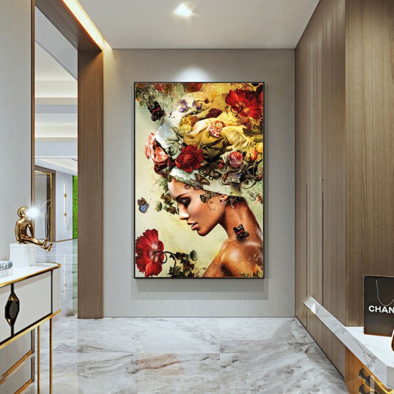 Tableau FEMME avec fleurs et feuillages multicolores 115x115cm