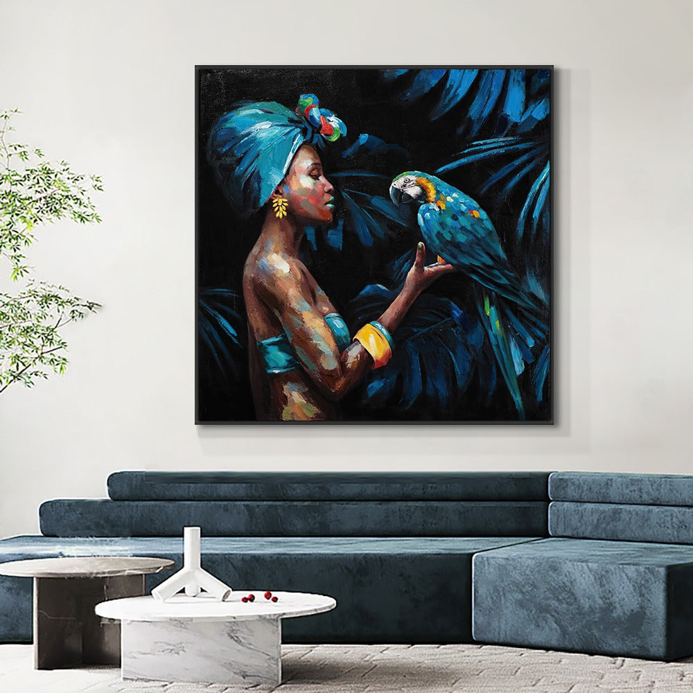 Tableau femme africaine et perroquet