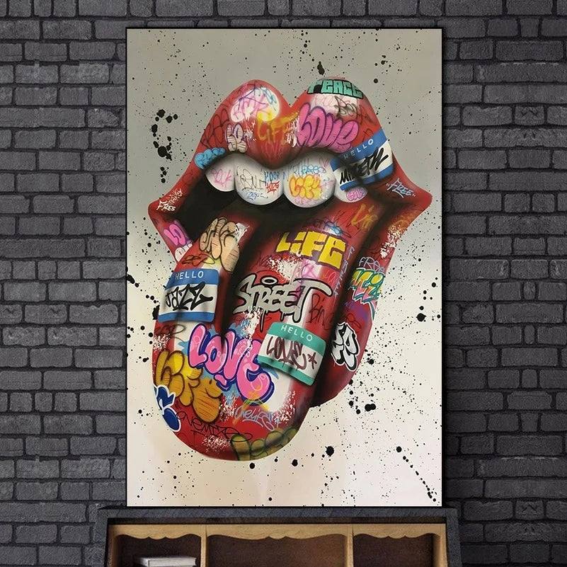 tableau street art bouche toile
