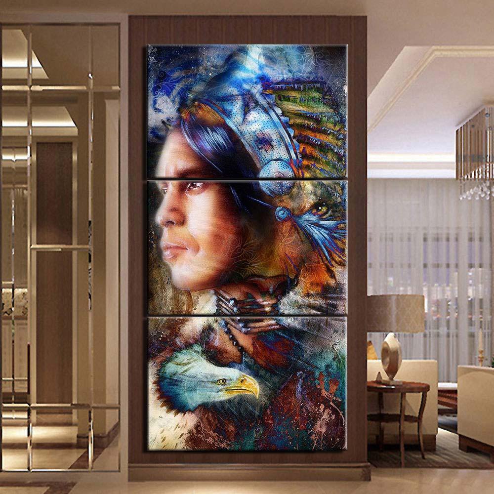 Tableau Amérindienne  Triptyque, déco murale sur toile –