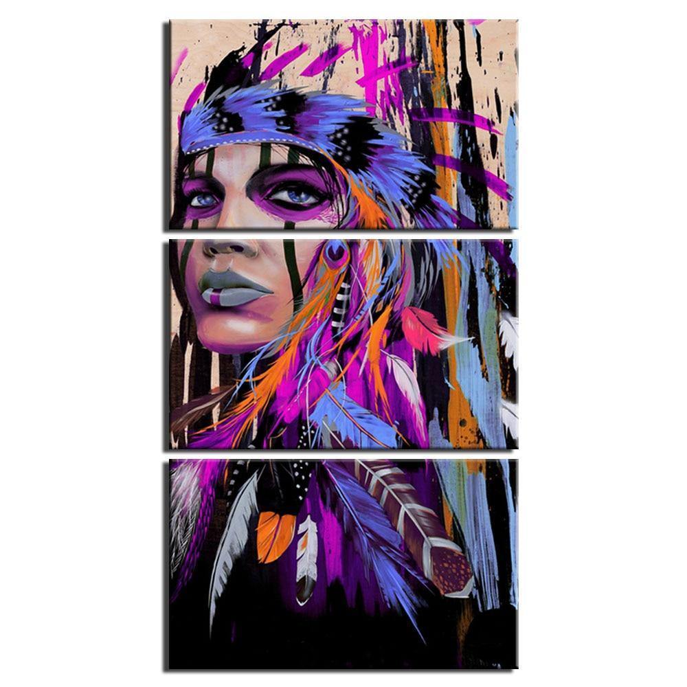 Tableau Amérindienne bleue | Triptyque, décoration murale imprimée sur toile. - Art-Cadre.fr