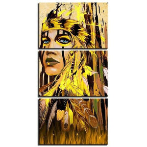 Tableau Amérindienne jaune | Triptyque, décoration murale imprimée sur toile. - Art-Cadre.fr