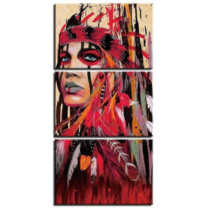 Tableau Amérindienne rouge | Triptyque mural imprimé sur toile. - Art-Cadre.fr