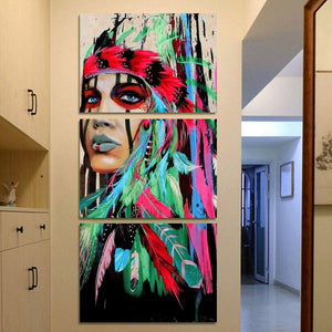 Tableau Amérindienne verte | Triptyque mural, décoration imprimée sur toile. - Art-Cadre.fr