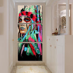 Tableau Amérindienne verte | Triptyque vertical, décoration murale imprimée sur toile, pour le couloir. - Art-Cadre.fr
