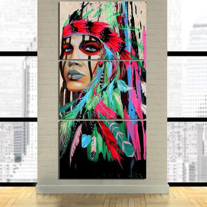 Tableau Amérindienne verte | Triptyque, décoration murale imprimée sur toile. - Art-Cadre.fr