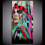 Tableau Amérindienne verte | Triptyque en hauteur, décoration murale imprimée sur toile. - Art-Cadre.fr