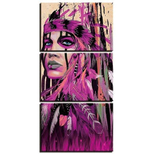 Tableau Amérindienne violette | Triptyque, décoration murale imprimée sur toile. - Art-Cadre.fr