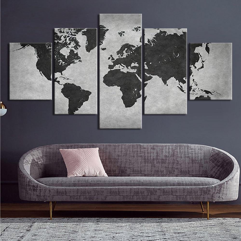 ▷ Impression sur Toile Carte du Monde (5 panneaux)