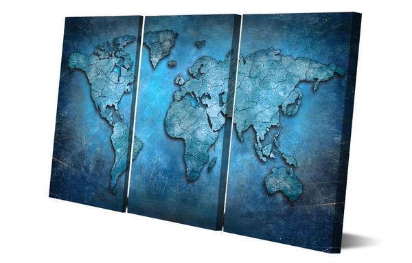 Tableau Carte du Monde  Triptyque, déco murale sur toile –