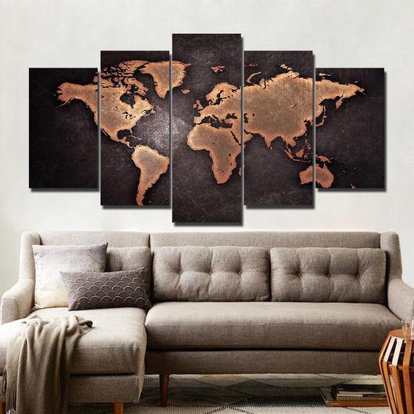 Peinture métal 3D carte du monde dans les tons marron, 80x120cm - ..