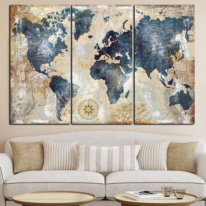 Tableau Carte du Monde  Triptyque, déco murale sur toile – Art