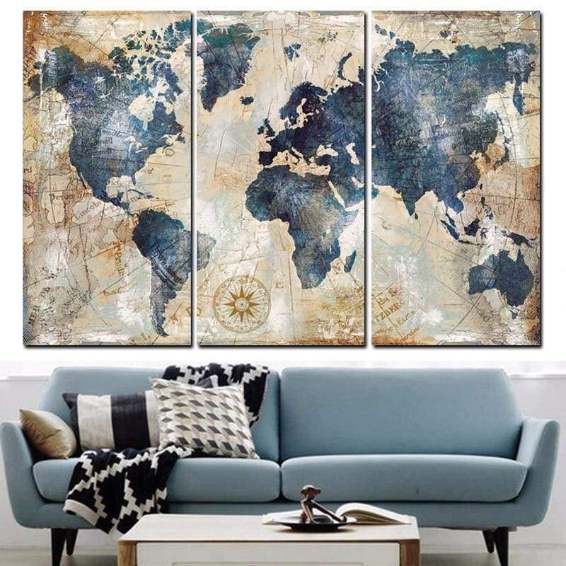 Tableau Carte du Monde  Triptyque, déco murale sur toile –
