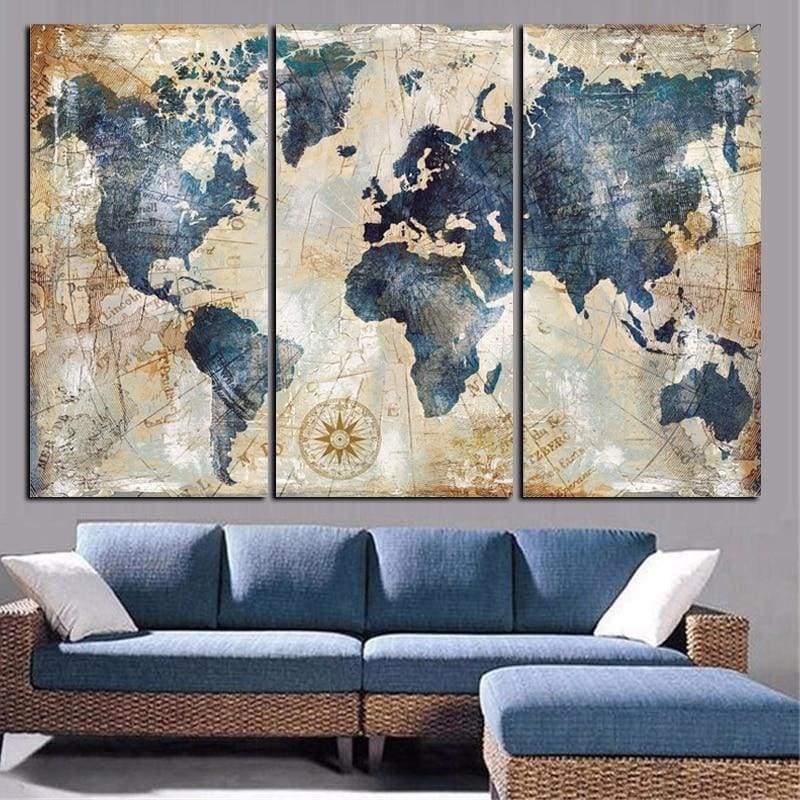 Tableau Carte du Monde  Triptyque, déco murale sur toile – Art