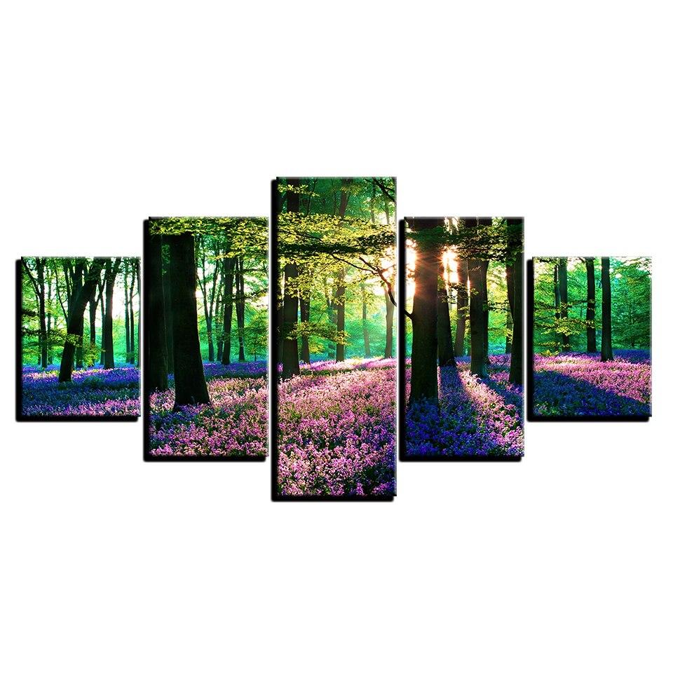 Tableau Forêt fleurie | Décoration murale pentaptyque imprimée sur toile. - Art-Cadre.fr